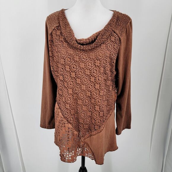 Cactus + Pearl Blouse Women's Large Cowl Neck Lace Overlay Brown - Picture 3 of 10